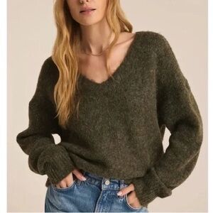 NWT Jason Wu Olive Green Fuzzy V-Neck Pullover Sweater, Wool Blend, Large